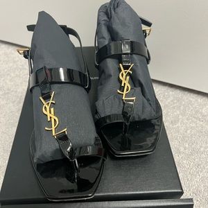 SAINT LAURENT's 'Cassandra' sandals shiny leather with gold YSL monogram size 37